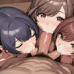 【二次エロ】女の子三人に玉も竿もしゃぶってもらうエロ画像
